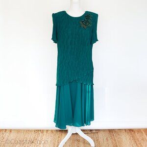 Vintage After Dark Teal Dress 14 Drop Waist 90s Sequin Cocktail Evening Gatsby
